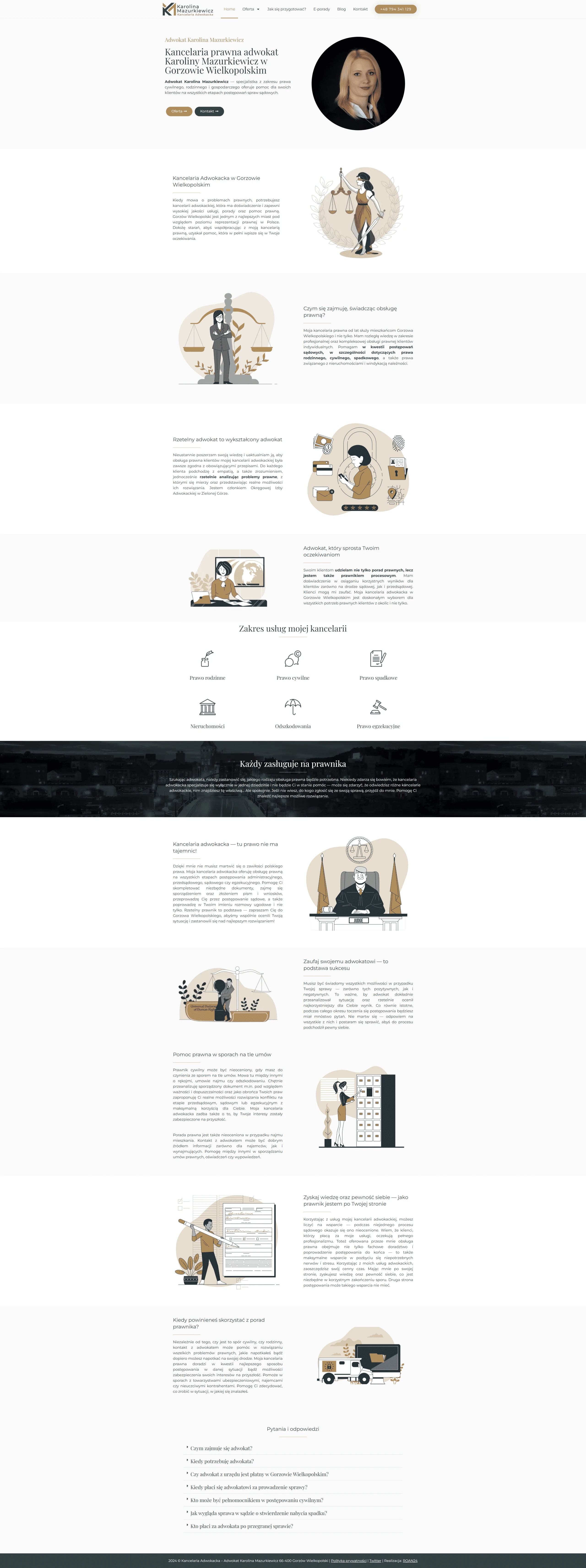Screenshot strony internetowej Kancelarii Adwokackiej Karoliny Mazurkiewicz - elegancka strona z profesjonalnymi ilustracjami, sekcją usług prawnych i formularzem kontaktowym