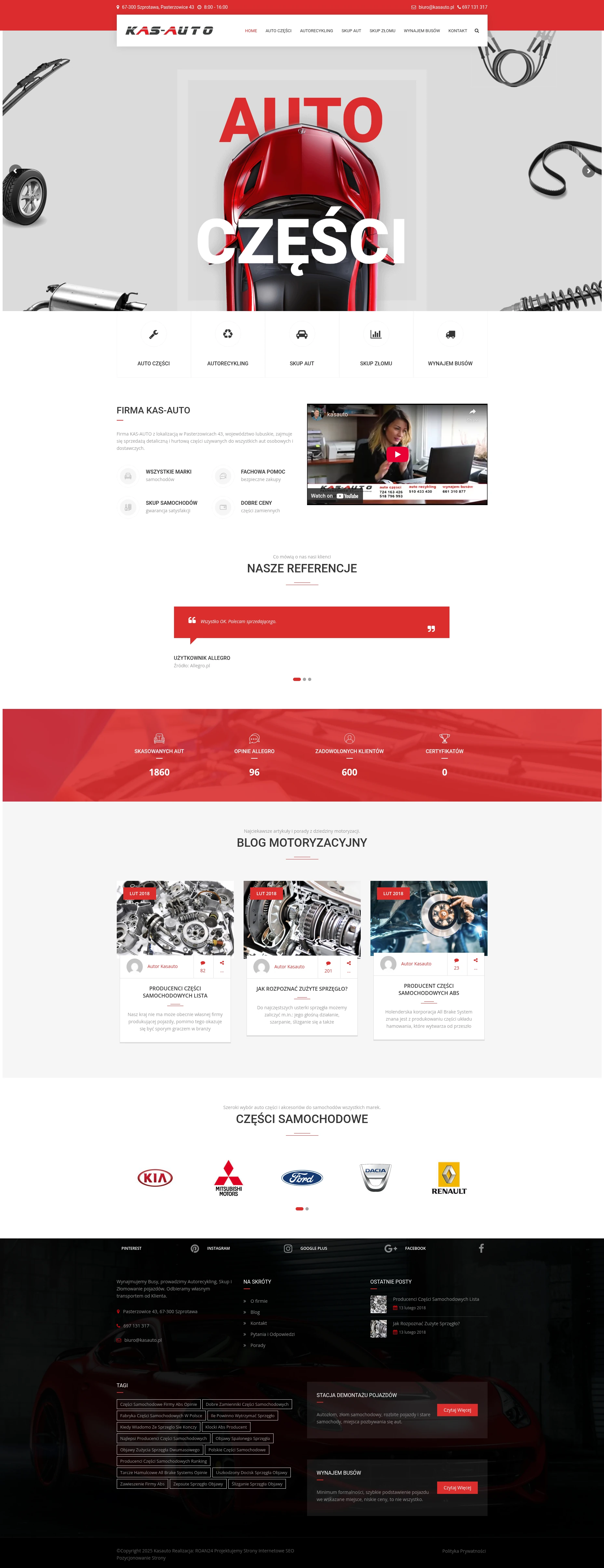 Screenshot strony internetowej KAS-AUTO - kompleksowa strona firmy motoryzacyjnej z Pasterzowic oferującej sprzedaż części samochodowych, autorecykling, skup aut i złomu oraz wynajem busów