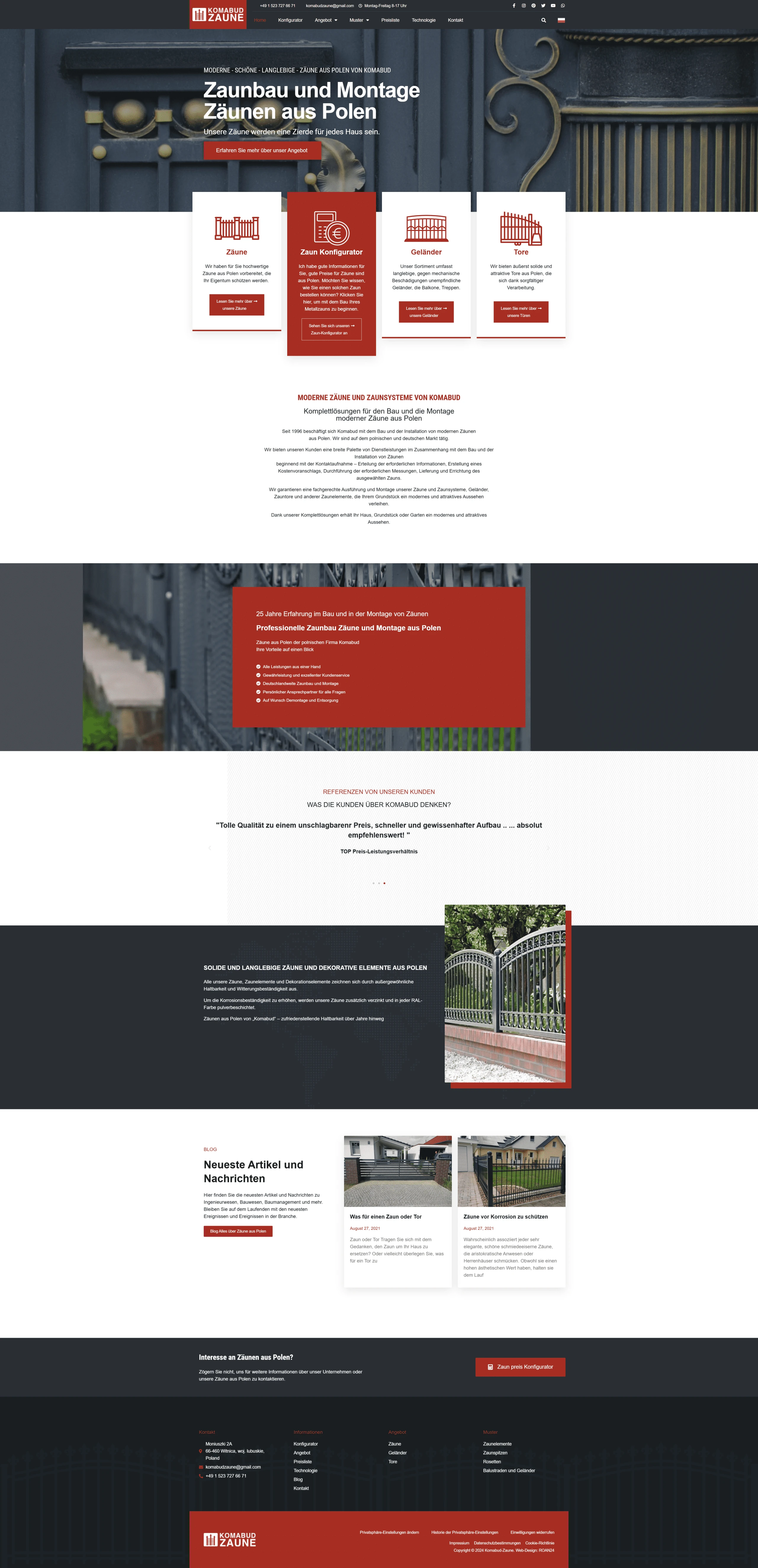 Screenshot strony internetowej Komabud-Zaune - nowoczesna strona firmy budującej ogrodzenia z konfiguratorem i galerią projektów