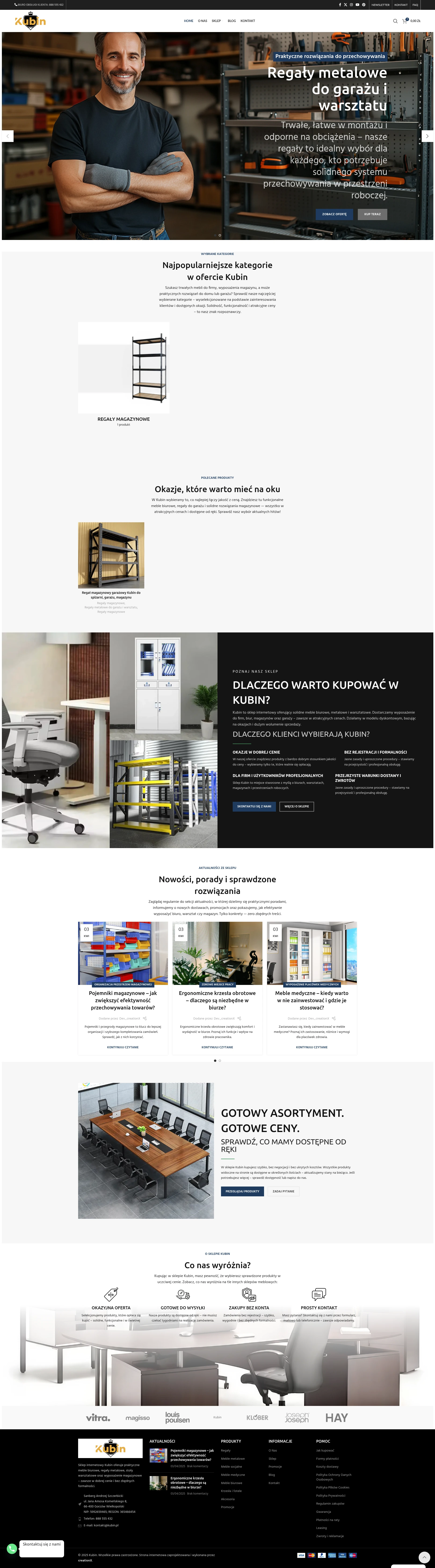 Screenshot strony internetowej Kubin - nowoczesny sklep internetowy z meblami biurowymi, warsztatowymi, regałami magazynowymi i wyposażeniem profesjonalnym dla firm, biur i magazynów