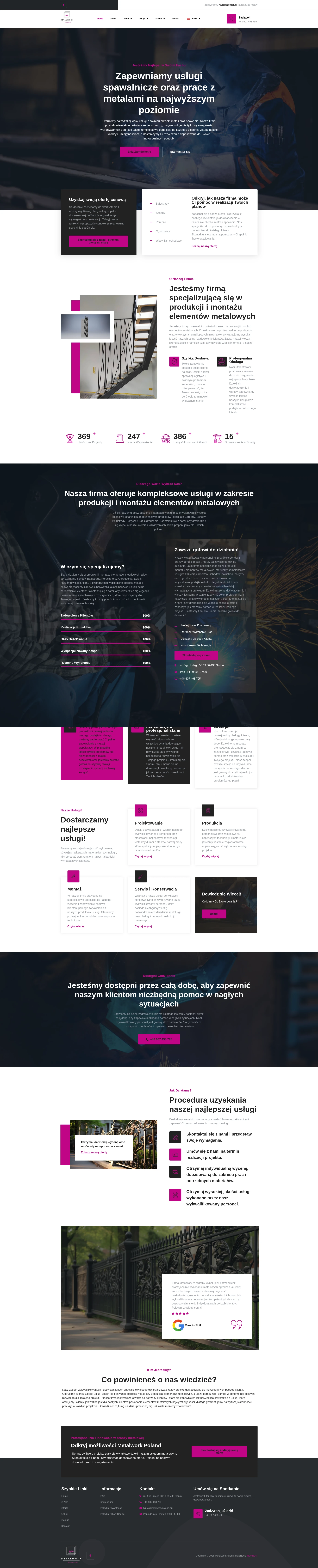 Screenshot strony internetowej Metalwork Poland - profesjonalna strona firmy metalurgicznej oferującej carporty, schody metalowe, balustrady, poręcze i ogrodzenia z wieloletnim doświadczeniem w spawaniu