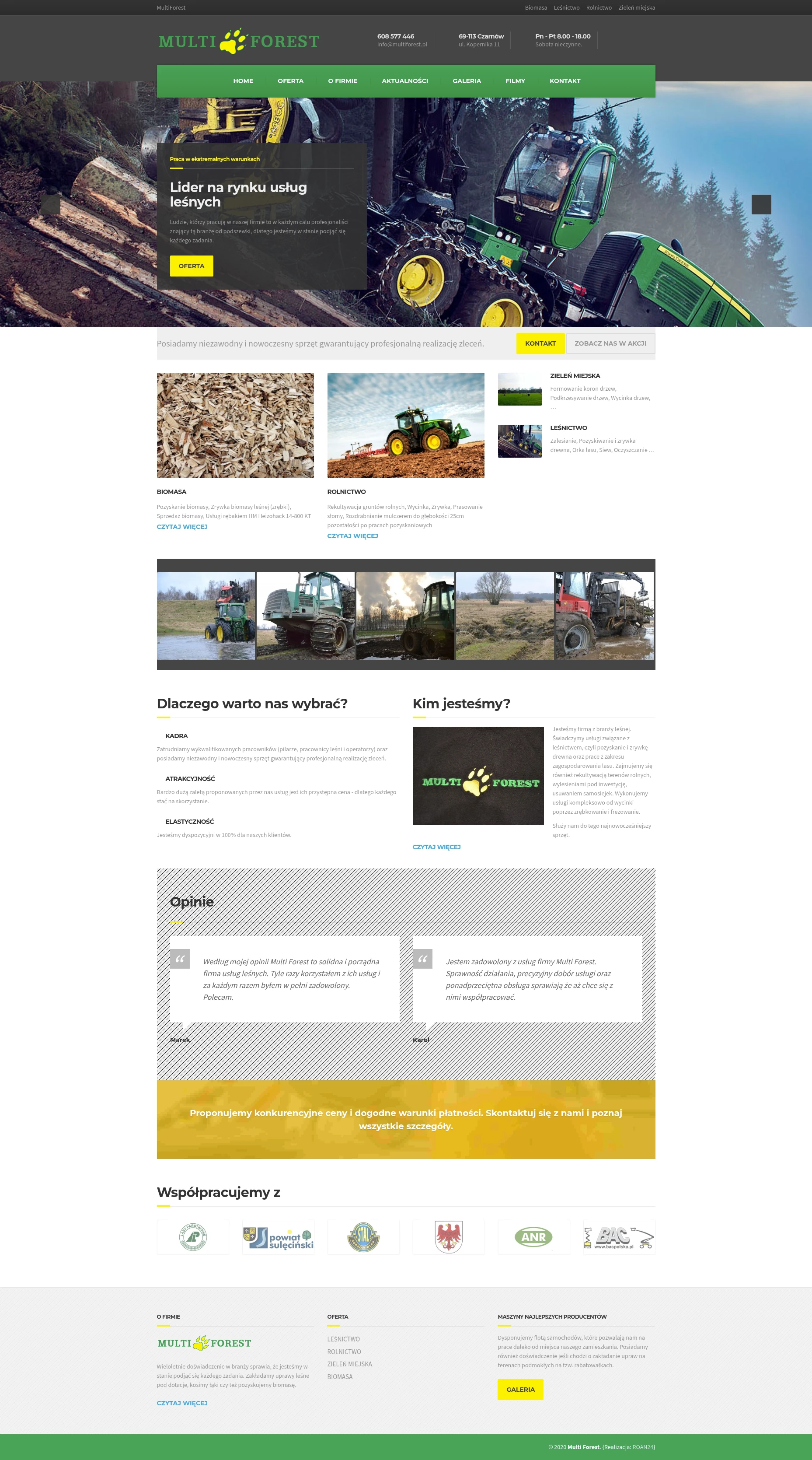 Screenshot strony internetowej Multi Forest - profesjonalna strona firmy leśnej oferującej pozyskanie biomasy, rekultywację gruntów, wycinkę drzew i usługi rębakiem z nowoczesnym sprzętem