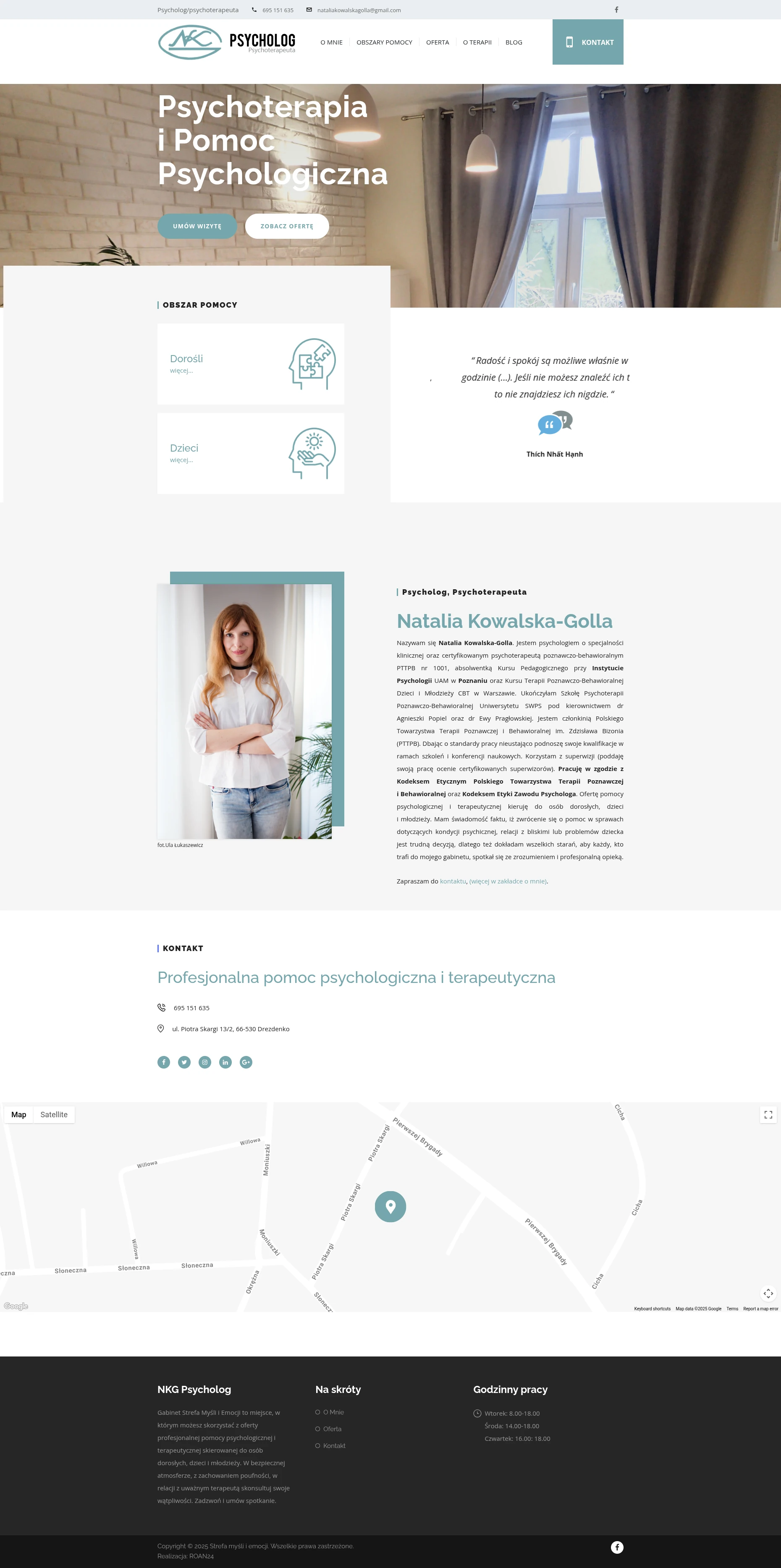 Screenshot strony internetowej Myśli Emocje - profesjonalna strona psychologa Natalii Kowalskiej-Golla oferującej psychoterapię poznawczo-behawioralną dla dorosłych, dzieci i młodzieży