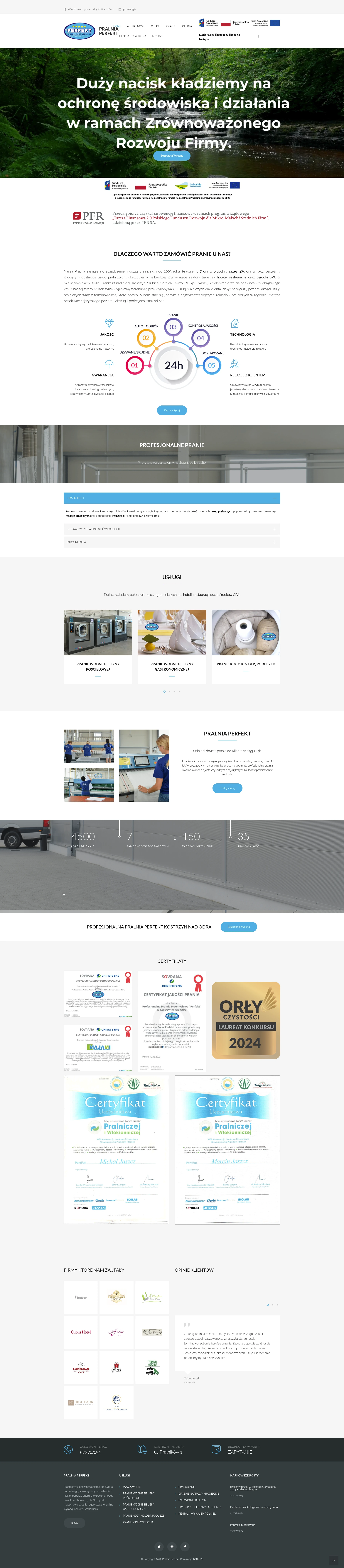 Screenshot strony internetowej Perfekt Pralnia - profesjonalna strona specjalistycznej pralni obsługującej hotele, restauracje i ośrodki SPA z dowozem w promieniu 150 km od Kostrzyna