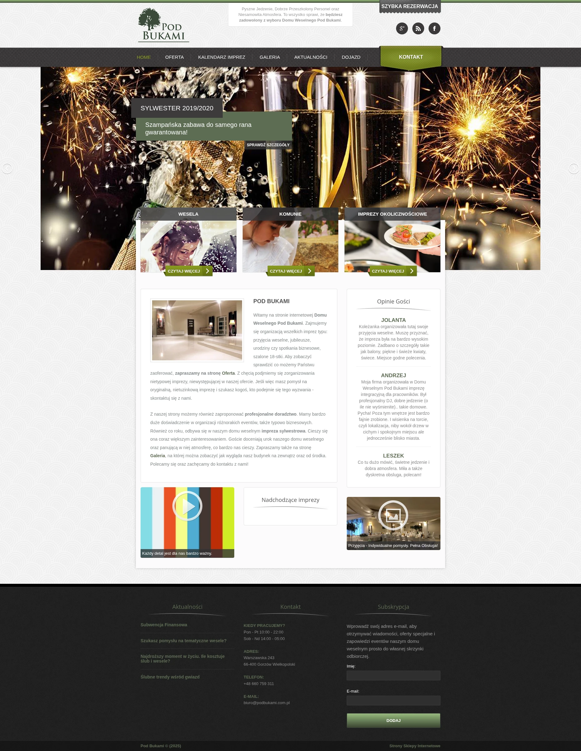 Screenshot strony internetowej Pod Bukami - profesjonalna strona domu weselnego oferującego organizację wesel, jubileuszy, urodzin, spotkań biznesowych i imprez sylwestrowych z gałerią i ofertą