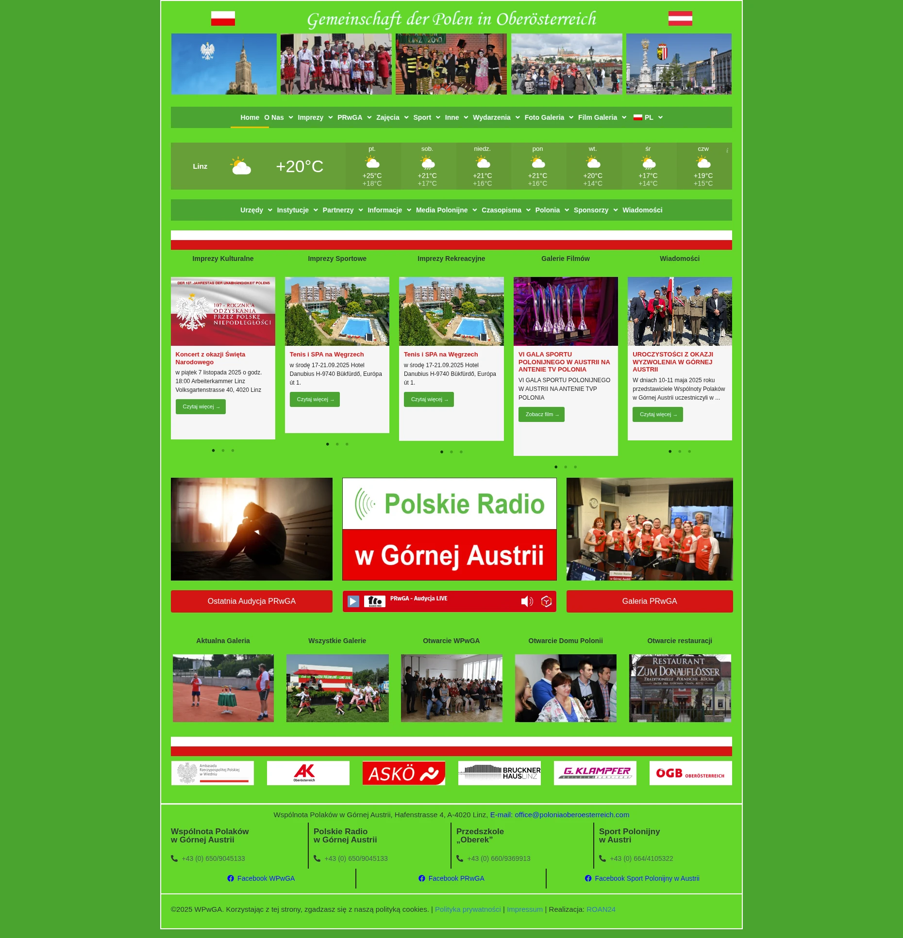 Screenshot strony internetowej Wspólnoty Polaków w Górnej Austrii - organizacja polonijna oferująca polskie radio, przedszkole Oberek, sport polonijny i integrację społeczności polskiej w Austrii