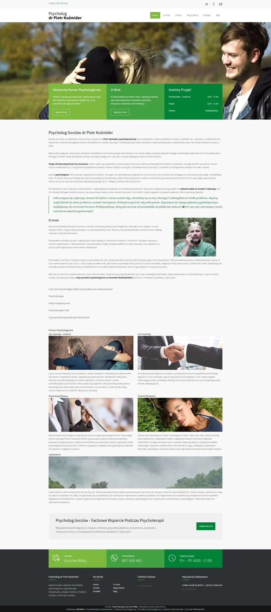 Screenshot strony internetowej Dr Piotra Kuśmidera - profesjonalna strona psychologa z opisem terapii, blogiem o zdrowiu psychicznym i formularzem kontaktowym