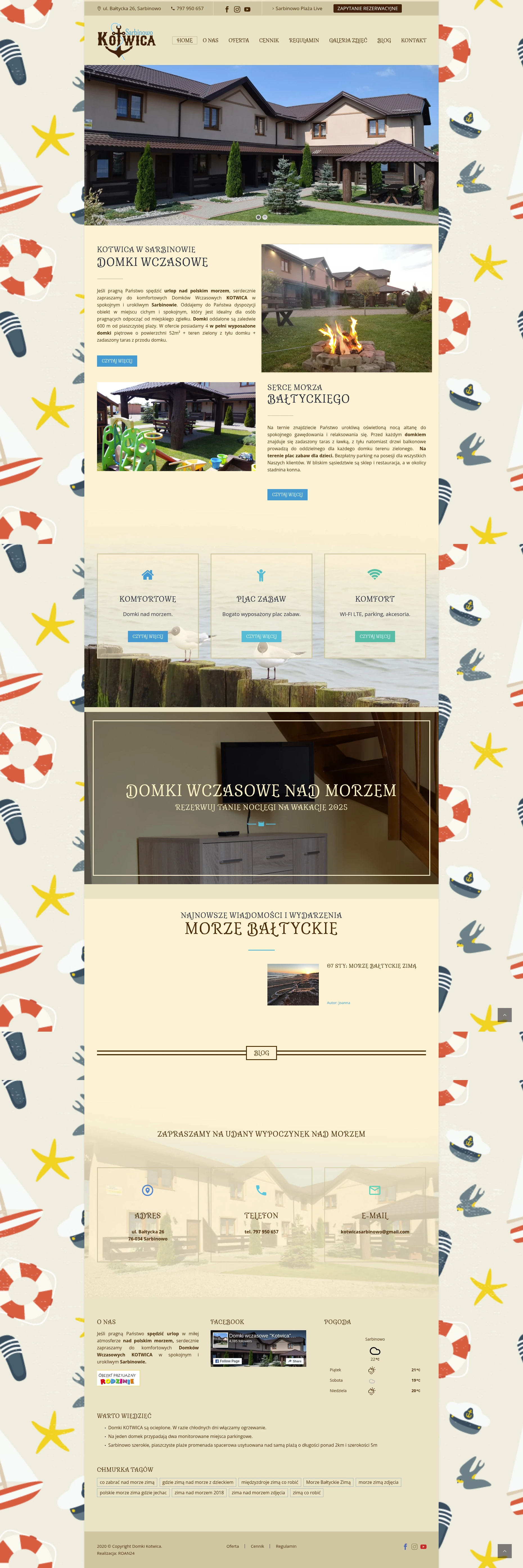 Screenshot strony internetowej Domków Wczasowych KOTWICA w Sarbinowie - urokliwy ośrodek turystyczny nad polskim morzem oferujący 4 w pełni wyposażone domki piętrowe z terenami zielonymi, placiem zabaw i bezpłatnym parkingiem