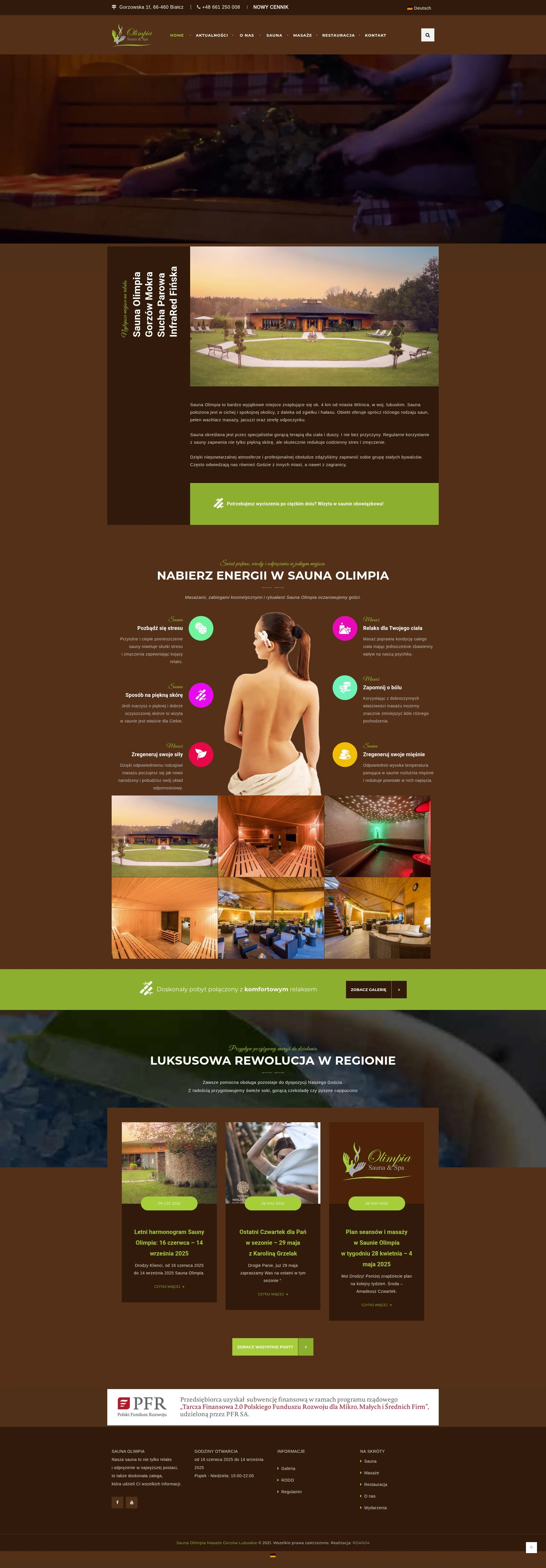 Screenshot strony internetowej Sauna Olimpia - profesjonalna strona kompleksu saun z systemem rezerwacji