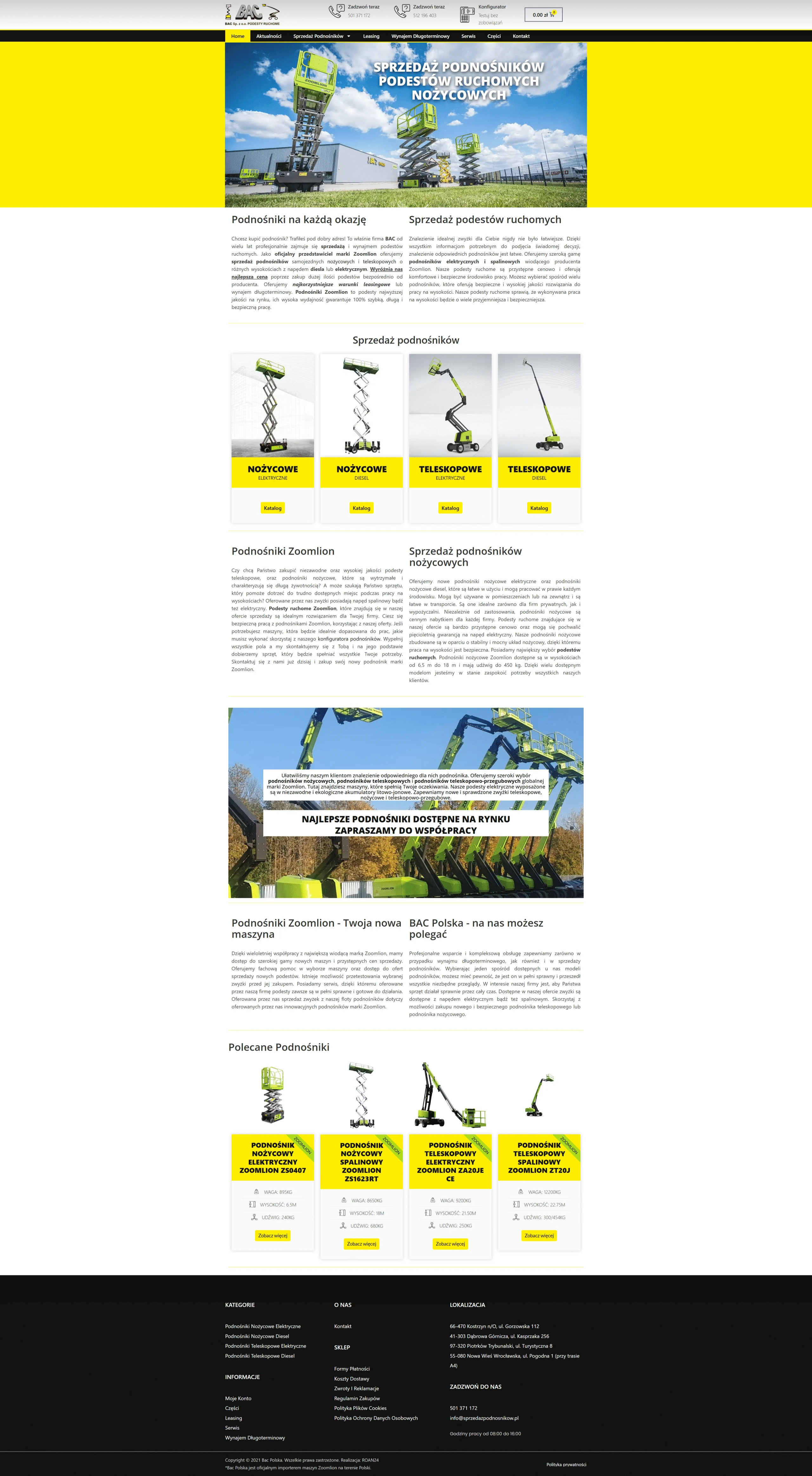Screenshot sklepu internetowego BAC Polska - nowoczesny e-commerce z podnośnikami nożycowymi i teleskopowymi, galerią produktów i interaktywnym koszykiem zakupowym
