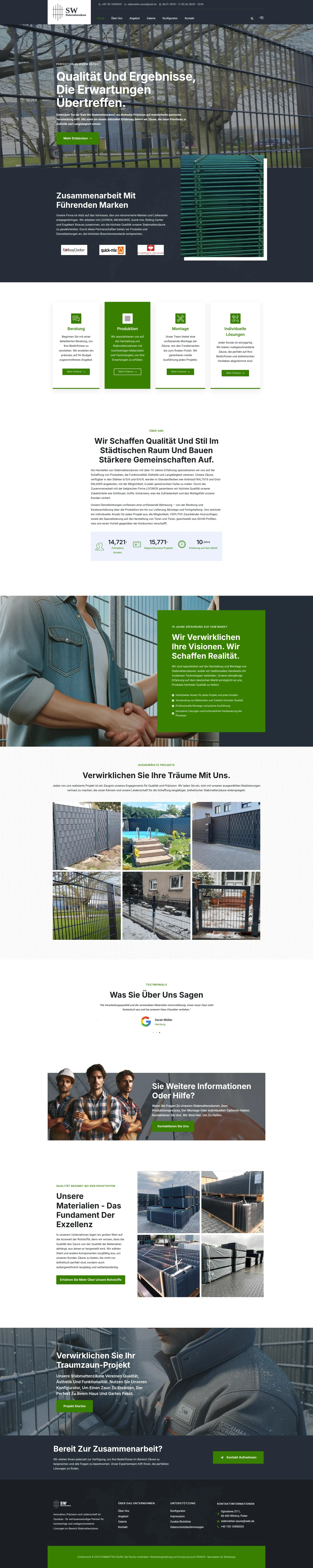 Screenshot strony internetowej SW Stabmattenzäune - profesjonalna strona producenta ogrodzeń z siatki drucianej łączącego niemiecką precyzję z polskim rzemiosłem, ponad 10 lat doświadczenia