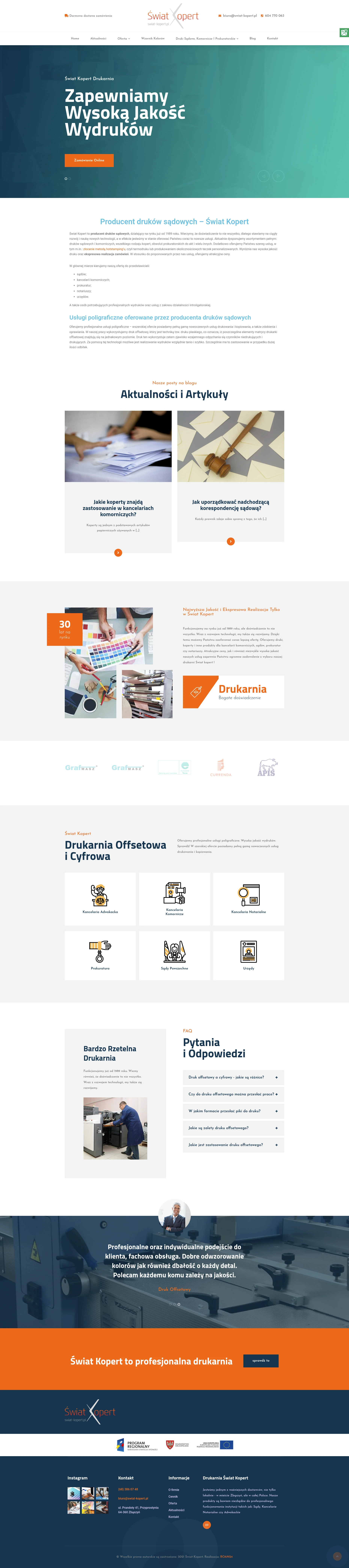 Screenshot strony internetowej Świat Kopert - doświadczony producent druków sądowych, kopert i usług poligraficznych działający od 1989 roku, specjalizujący się w druku offsetowym dla kancelarii, sądów i prokuratur