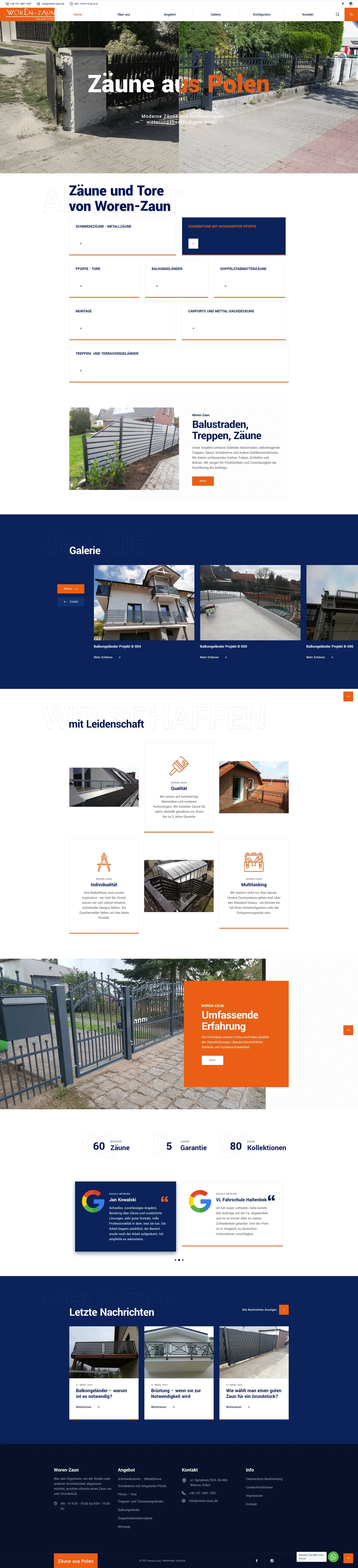 Screenshot strony internetowej Woren-Zaun - niemiecka firma produkująca indywidualne ogrodzenia, bramy przesuwne, poręcze, balustrady i konstrukcje stalowe z 5-letnią gwarancją