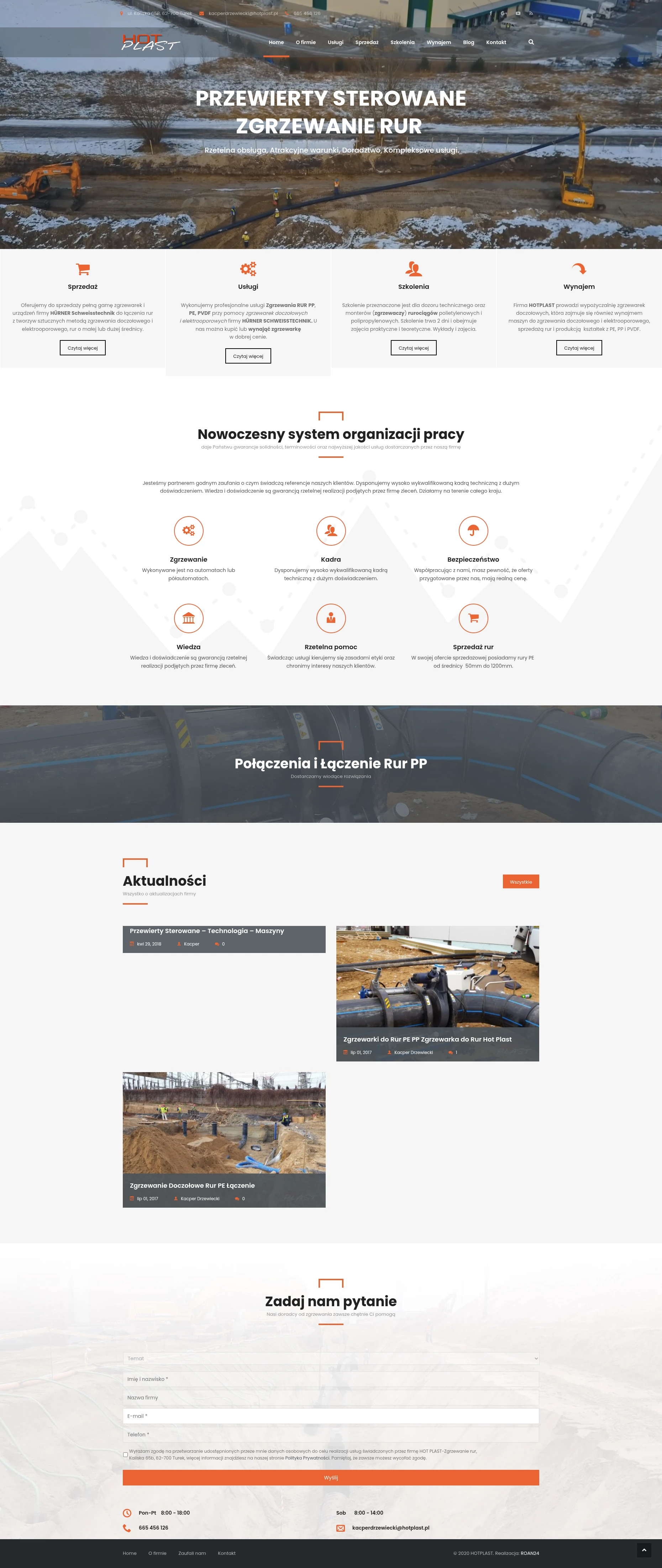 Screenshot strony internetowej HOTPLAST - specjalistyczna firma zajmująca się zgrzewaniem rur PP PE PVDF, sprzedażą i wynajmem zgrzewarek HÜRNER, szkoleniami dla monterów rurociągów